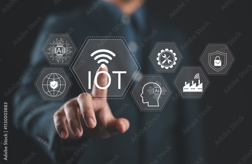 Fototapete IoT Technology and Wireless Connectivity Concept. Internet of Things, Businessman touching on IoT interface with icons AI, global networking, industrial automation, smart home, cybersecurity solution