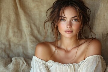 Naklejka premium Asian Woman Portrait with Fresh Skin on Beige Background Beauty Skincare Cosmetology Spa Treatment