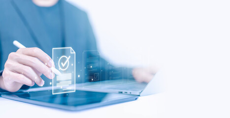 tick mark evaluation in the options check form online on a laptop. checklist concept, task audit in...