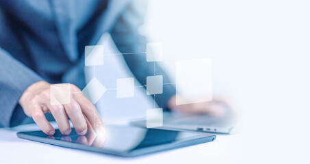 business processes and algorithm diagram flow on a computer laptop.  hierarchy scheme, data...