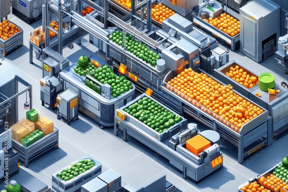 Poster automated fruit processing plant; oranges and limes are sorted and packaged on conveyor belts. illus