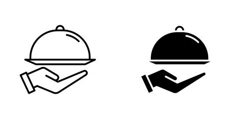 Fototapeta premium Hand holding tray outlined and solid icon vector collection.