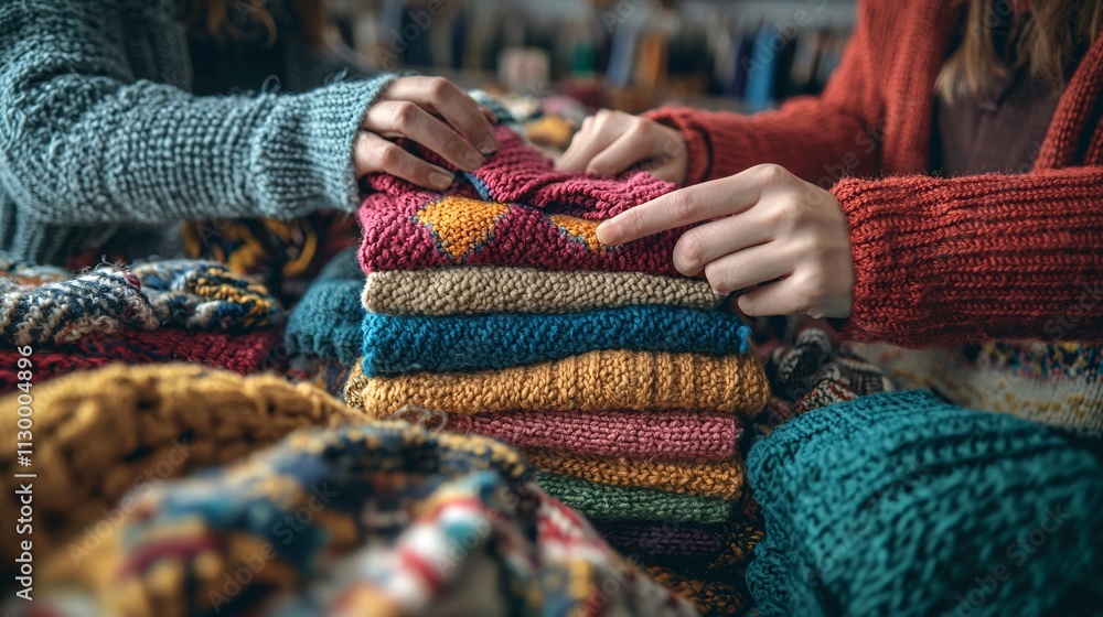 Poster Volunteers organizing a swap event for clothes and household items to encourage reuse Stock Photo with side copy space