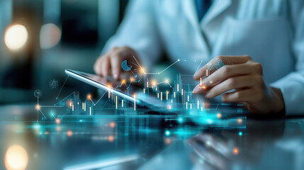 professional analyzing futuristic data on digital tablet in modern laboratory