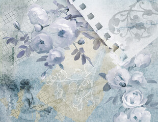 Roses and papers pale blue and white collage of photos and drawings, abstract background