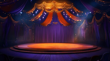 43.Concept 3: A circus stage with purple curtains and orange lighting sets the scene