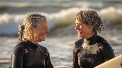 Senior women surfing living active healthy lifestyle. Two mature women laughing happy on a beach, in wetsuits after a surfing session. Friendship and outdoor adventure. Image made using Generative AI.