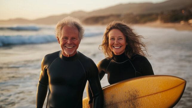 Mature Couple Smiling in Wetsuits Holding a Yellow Surfboard at Sunset by the Ocean Shoreline, Embracing an Active and Adventurous Lifestyle Together – Image Made Using Generative AI
