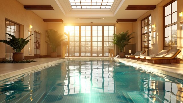 Chic indoor swimming pool with a sleek layout and ample sunlight from expansive windows