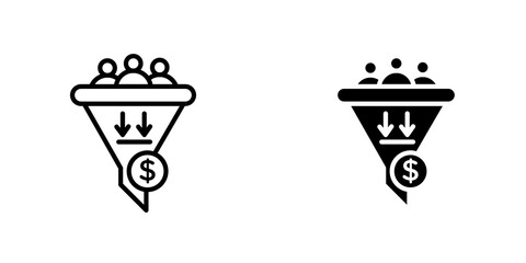 Sales funnel outlined and solid icon vector collection.