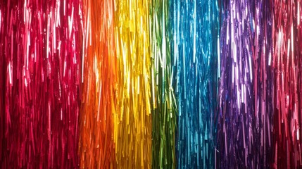 107.Glittering foil fringe curtain in bold colors, arranged in a layered 3D effect, each fringe strand catching light and casting playful reflections, ideal for high-energy product backgrounds.