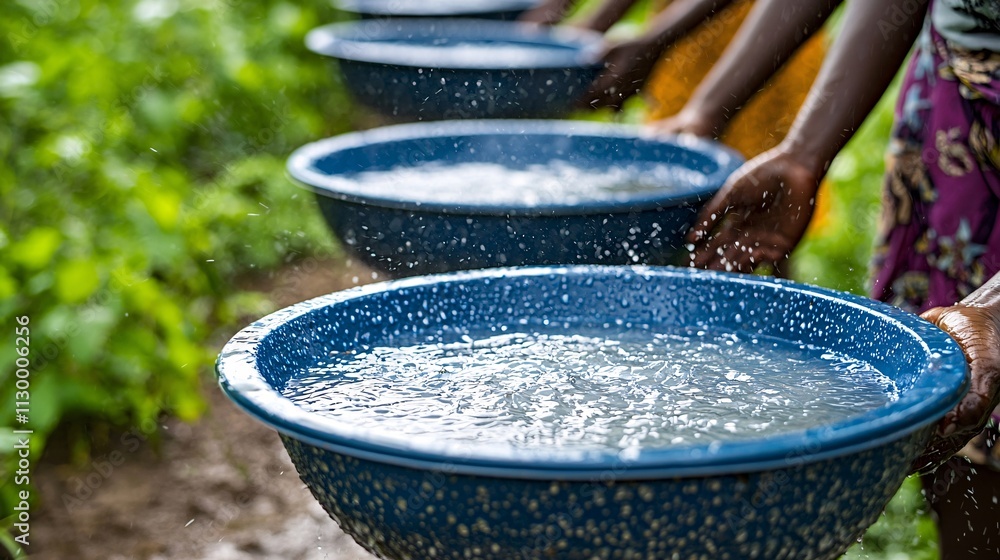 Poster A water purification initiative supported by volunteers in a drought-prone region Stock Photo with side copy space