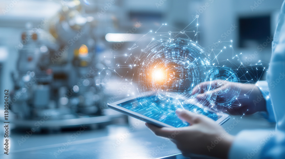 Poster focused worker in modern factory uses tablet with glowing digital interface