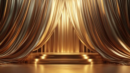 119.Polished gold podium framed by draped curtains and shimmering light accents, exuding a sense of prestige and sophistication, suitable for luxury event backdrops and award presentations.