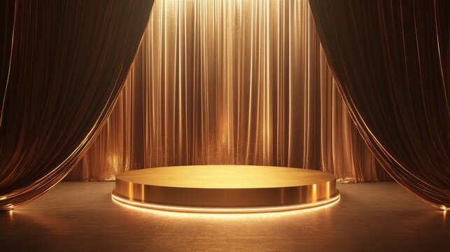 119.Polished gold podium framed by draped curtains and shimmering light accents, exuding a sense of prestige and sophistication, suitable for luxury event backdrops and award presentations.