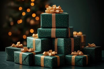 Green Christmas Gift Boxes Stacked in Festive Pyramid Shape with Gold Ribbons