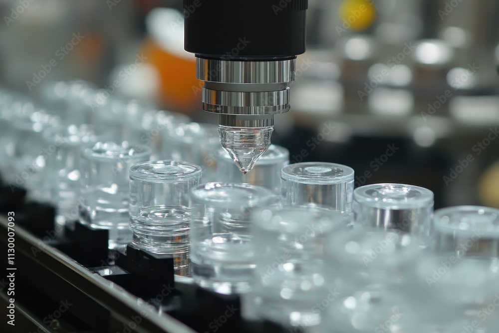 Poster automated machinery fills clear containers. production line depicts efficient, precise filling proce