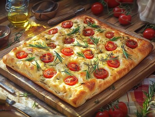 A freshly baked focaccia topped with tomatoes and herbs on a wooden board.