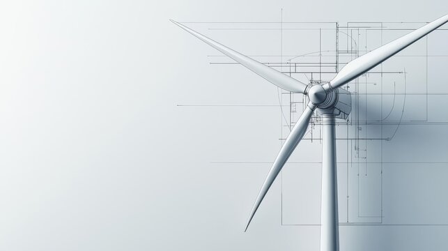 Hightech wind turbine blueprint, minimalist civil engineering rendering, sleek and innovative design, detailed line work, monochrome