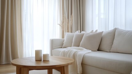 Obraz premium 67.Concept 2: Minimalist interior design of a modern living room with a white sofa, wooden coffee table, and soft curtains in Scandinavian style with a light beige color scheme