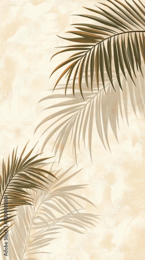 Poster Soft palm leaf shadows dance across a tranquil background, creating an inviting atmosphere. This serene moment captures the essence of tropical elegance, inviting relaxation and calm
