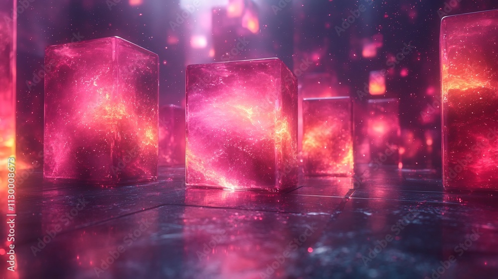 Poster futuristic digital background with holographic 3d shapes floating in sleek virtual space
