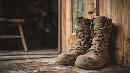 A pair of military boots neatly placed by the door, with a soldier preparing for deployment.