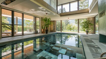 Fototapeta premium Chic indoor swimming pool with geometric patterns and natural light from expansive windows