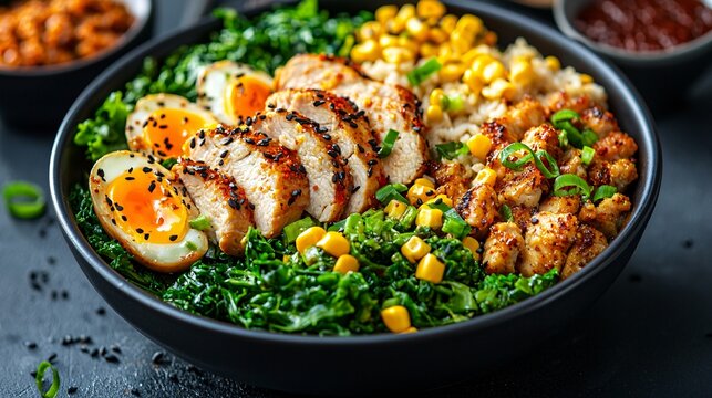 A balanced meal prepared as part of a personal health resolution and displayed on a clean table Stock Photo with side copy space
