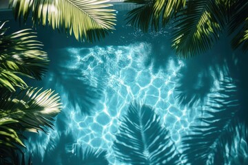 Tropical Pool Scene with Palm Leaf Shadows and Sunlight Reflections