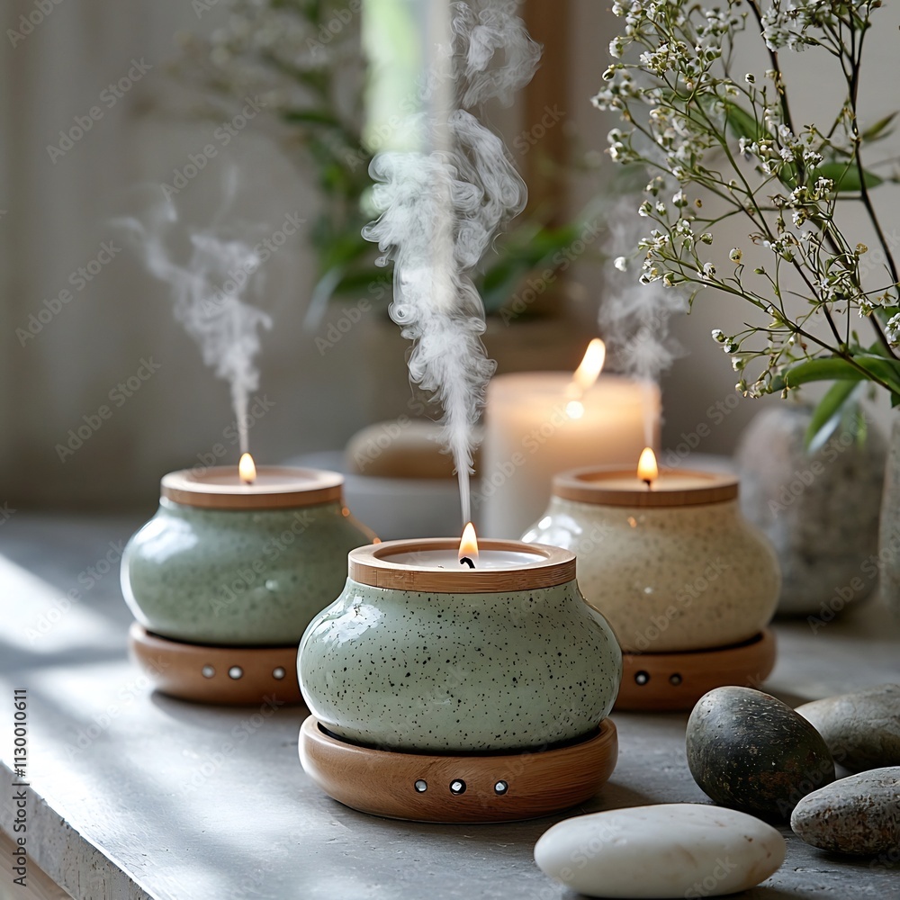 Poster fragrant mist from essential oil diffusers surrounded by calming natural elements