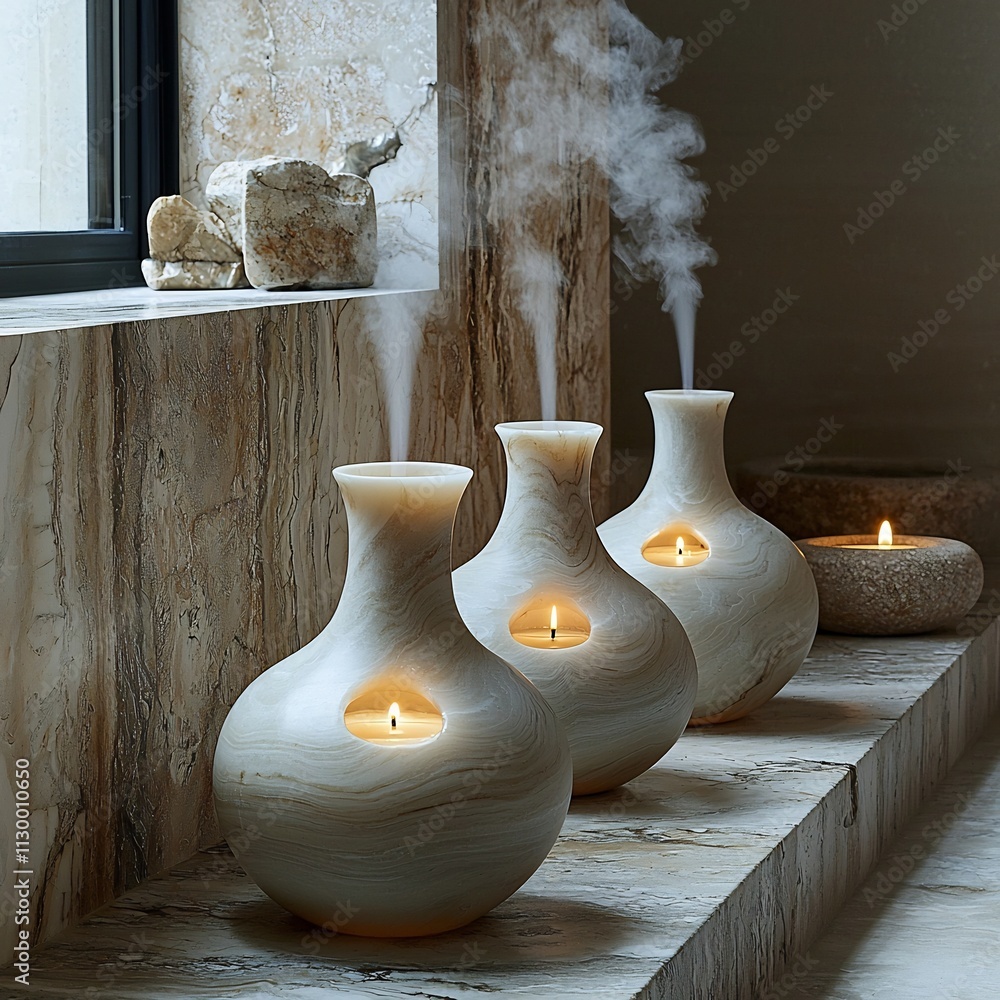 Poster calming essential oil diffusers emitting fragrant mist surrounded by natural elements
