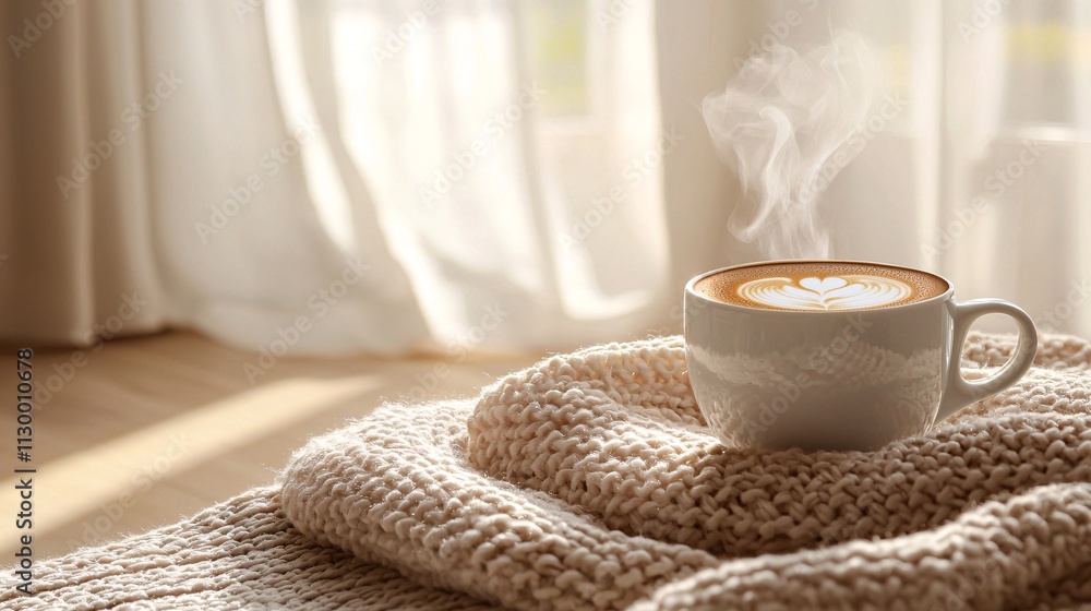 Poster a cozy corner with books and a steaming cup of coffee as a backdrop for setting goals stock photo wi