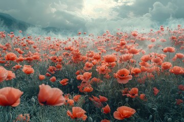 Obraz premium A stunning summer landscape featuring a sprawling poppy field in full bloom, with vibrant red flowers under a bright blue sky. .