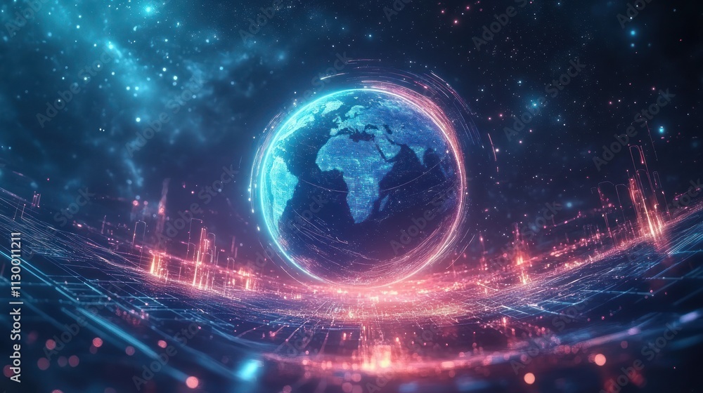 Poster futuristic mobile global internet communications via wireless satellite network with holographic int