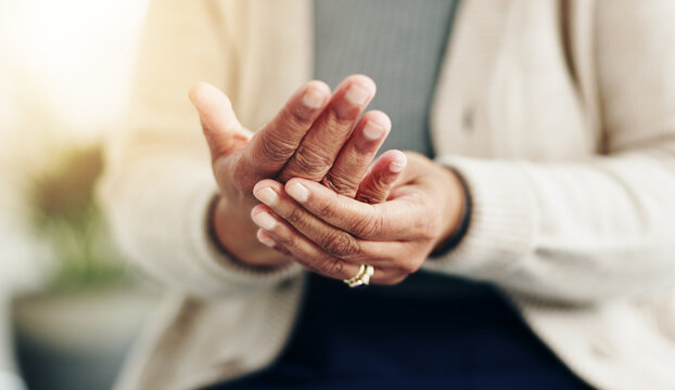 Hand pain, arthritis and gout with closeup of old person for symptoms, accident and injury. Fibromyalgia, tension and circulation with senior woman for osteoporosis, rheumatism and inflammation