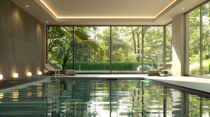 Contemporary indoor pool with a sleek design, large windows providing a view of a garden