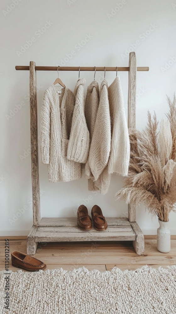Poster soft, neutral-colored knits hang gracefully from a rustic wooden rack, creating a harmonious and inv