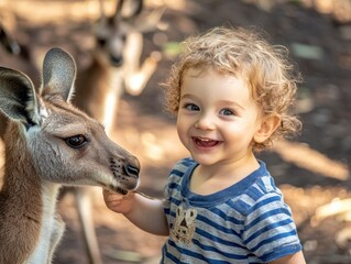 Adorable Toddler Gently Touches Friendly Kangaroo in Australia