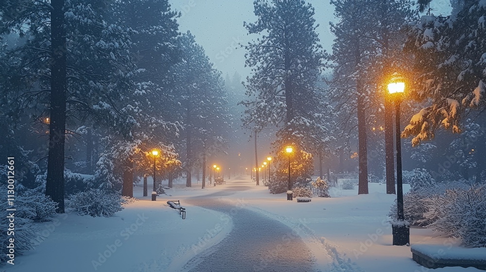 Poster The tranquil pathway is blanketed in fresh snow as tall pine trees stand majestically on either side. Soft lamps cast a warm glow, creating an enchanting winter atmosphere
