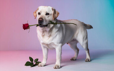 Obraz premium cute white dog standing on a pastel-colored background. The dog is holding a red rose in its mouth.