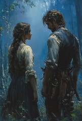 Obraz premium Saint Paul and Saint Peter in a Lush Forest Setting with Dramatic Chiaroscuro Light