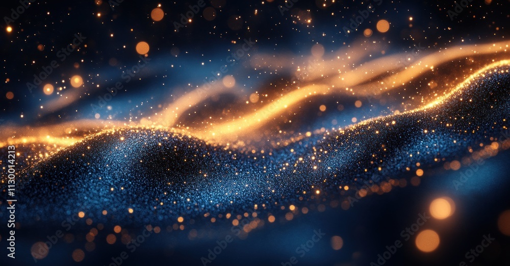 Aufkleber gold and blue abstract background with glitter particles bokeh on dark background for holiday and ch