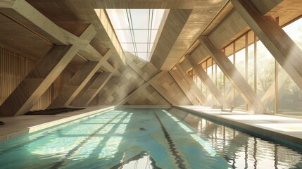 Contemporary indoor swimming pool with a unique geometric layout, highlighted by sunlight streaming in through tall windows