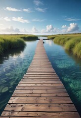 Obraz premium Idyllic wooden pathway over tranquil waters with vibrant blue sky, walkway, forest