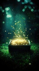 Mysterious treasure chest overflowing with glowing gold coins in enchanted forest. Happy St. Patrick's Day.