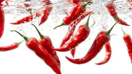 An image of multiple red hot chili peppers ,Vegetables and Fruits in Clear Water