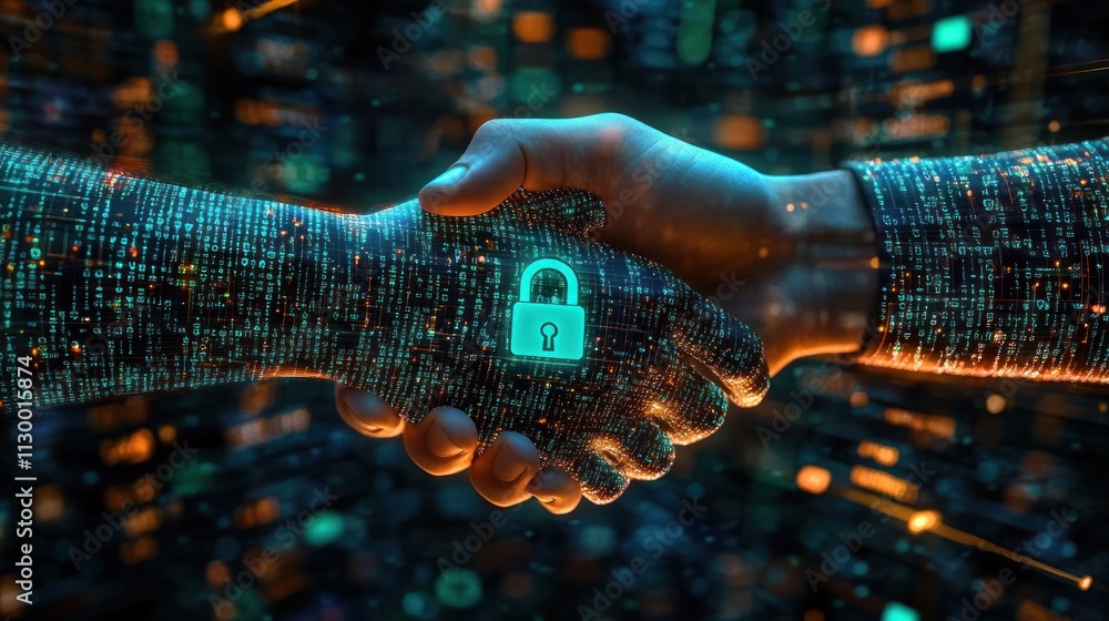 Poster digital handshake between human and artificial intelligence symbolizing cybersecurity and partnershi