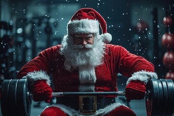 A humorous and festive scene of Santa Claus working out in a gym, lifting weights and staying fit as he prepares for the busy Christmas season.  .