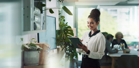 Office, smile and woman with tablet, project and budget for ad campaign, planning and media...